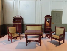 Antique Moritz Gottschalk dollhouse living room set, sofa chairs tables & more