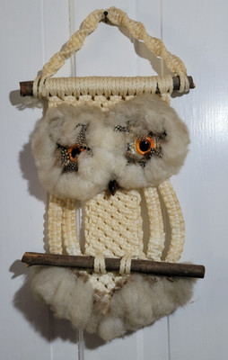 70s Vintage Macrame Owl Wall Hanging Mid-Century Textile Folk Art Feathered 21''