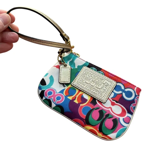 Coach Poppy braccialetto multicolore zip top con ciondolo borsa pelle oro fodera viola