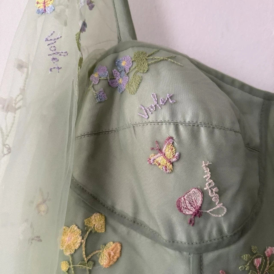 Vestido de hadas para mujer XXL verde flor bordado tul corsé encaje manga abullonada Foto 3 de 4