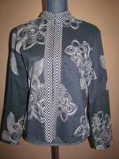 Chico s Navy Blue Embroidered Mandarin Collar Lined Cotton Jacket Size 1 M