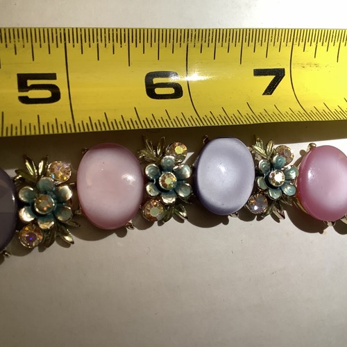 Vintage Moonstone Bracelet with Rhinestones, Auqua Enamel Flowers BSK - Picture 5 of 8
