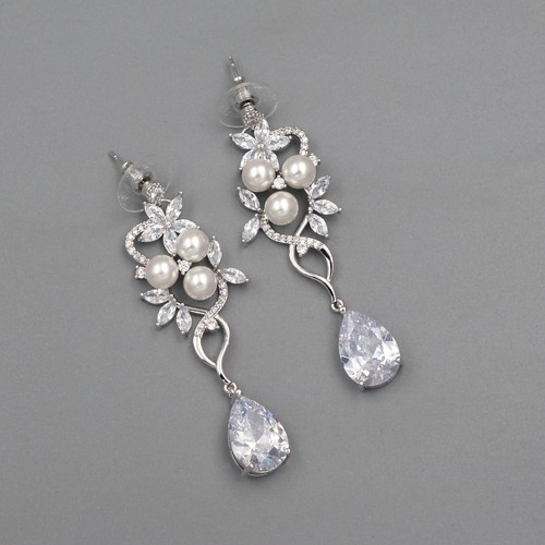 Bridal Wedding Jewelry Set White Pearl Cubic Zirconia CZ Necklace Earrings 09592 - Picture 3 of 8