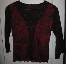 Jessica Max Red Black Floral Print Dual Sheer Blouse Top Size Petite Medium PM
