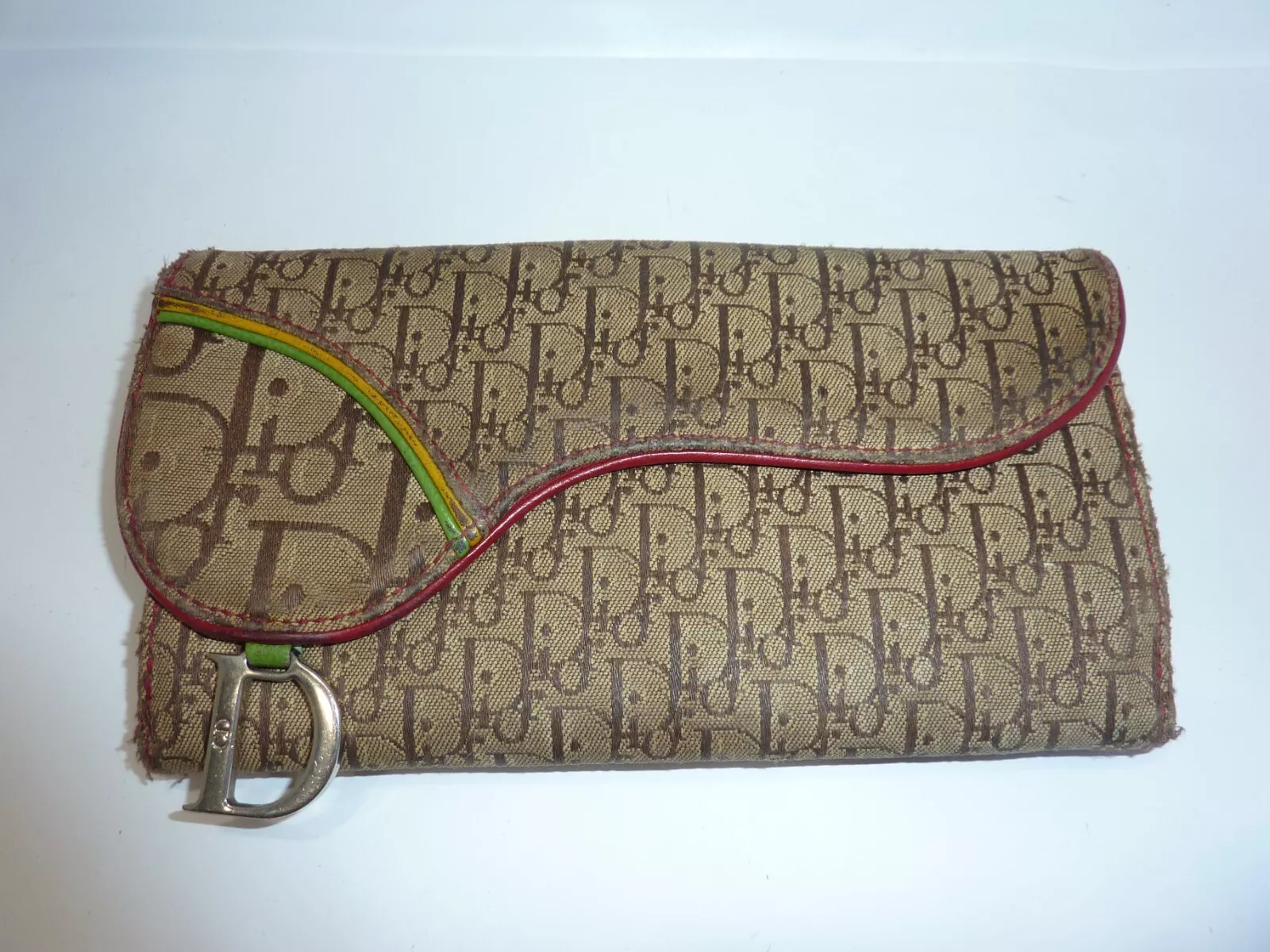 Portefeuille Christian Dior sac long grille selle trotteur toile beige authentique
