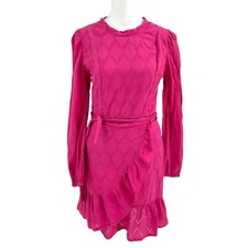 J. CREW Swiss Dot Puff-Sleeve Ruffle Hem Wrap Party Dress Hot Pink size XS