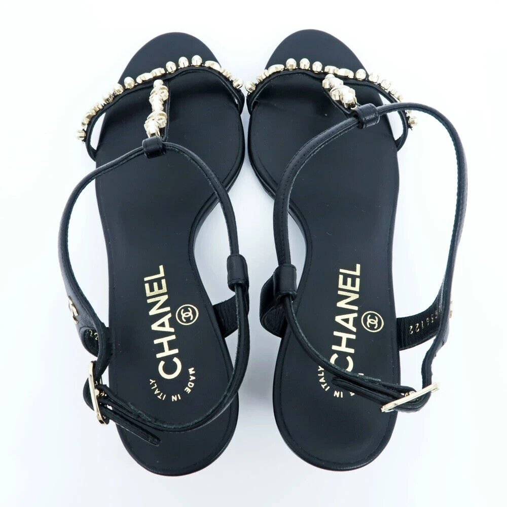 CHANEL G36122 Leather Strap Sandals 37.5C Black Authentic CHANEL G36122 Leather Strap Sandals 37.5C Black Authentic