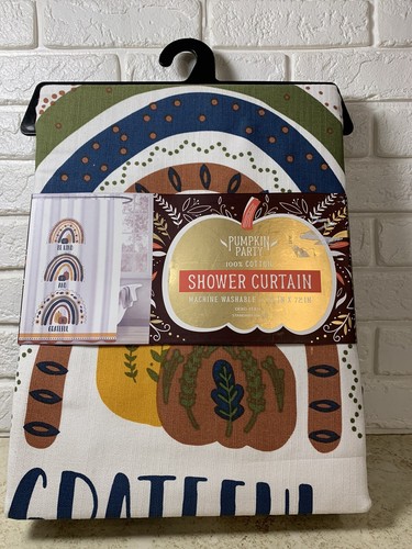 Pumpkin Party Shower Curtain 72x72 Warm Harvest Motif Be Kind And Grateful NWT