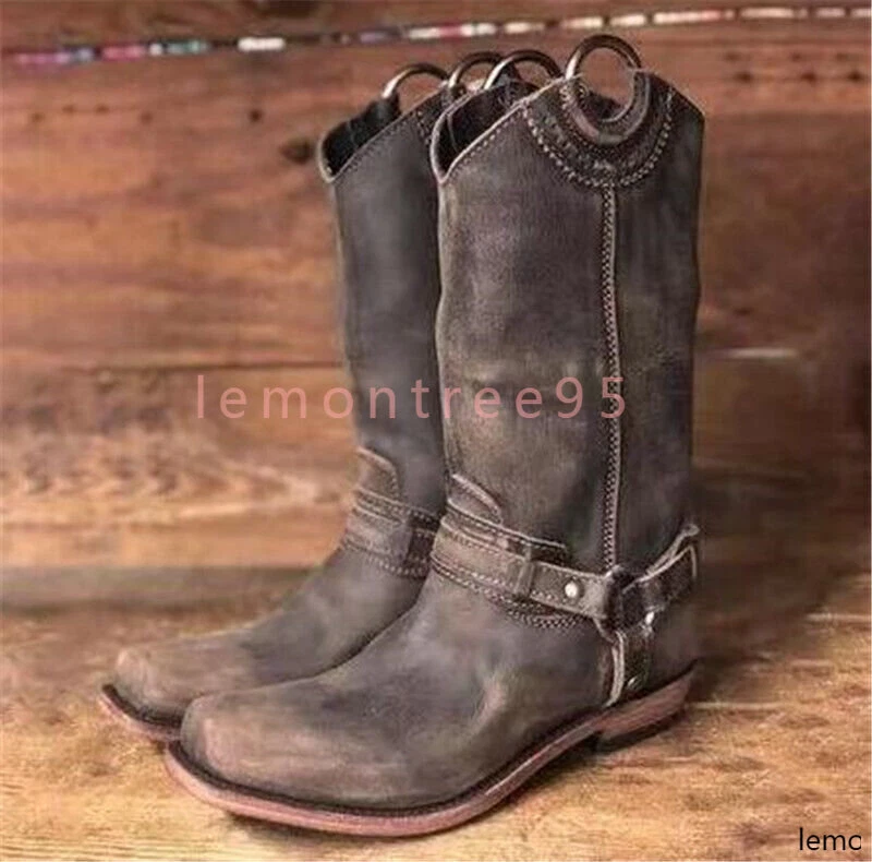 Men s Ankle Boots Leather Motor Cowboy Western Square Toe Zipper