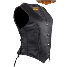 Women's Longer Cut Black Leather Motorcycle Vest w/ Concealed Carry Pockets
