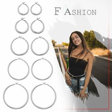 Polished Silver Stainless Steel Round Circle Large Hoop Loops Earrings for Women
