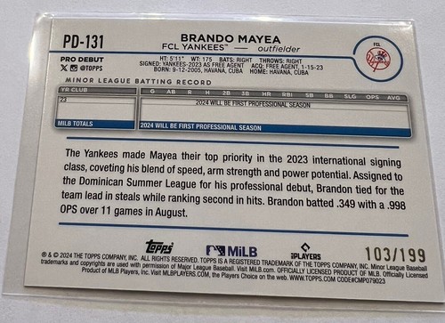 2024 Topps Pro Debut Brando Mayea #PD-131 Fuchsia Foil Parallel /199 FCL Yankees - Picture 2 of 4