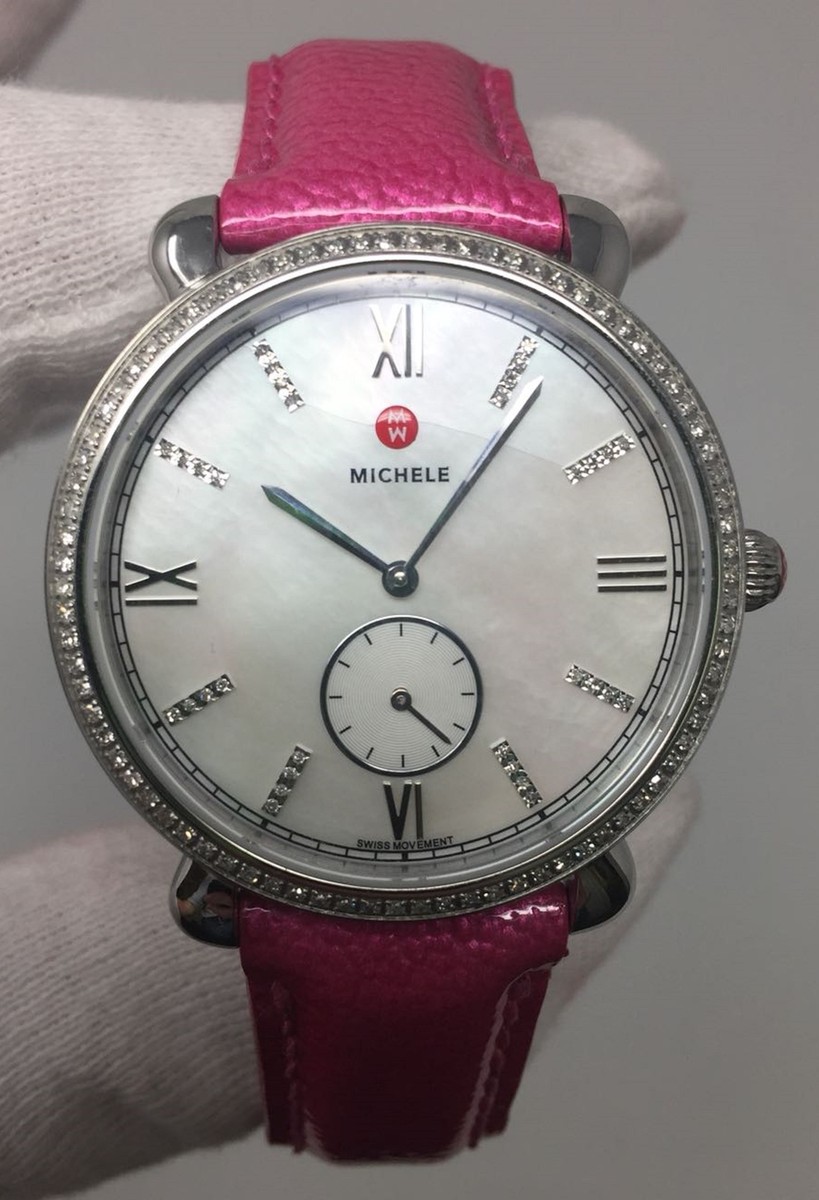 Michele Gracile 114 Diamonds MOP Dial Pink Leather Womens