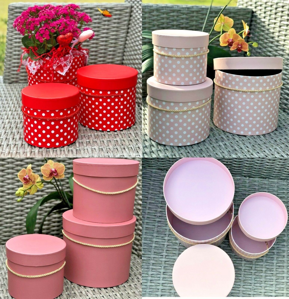 3er Set Runde Blumenkästen & Geschenkboxen Aus Karton - Luxus-Look Für Blumenarrangements In 8 Farben