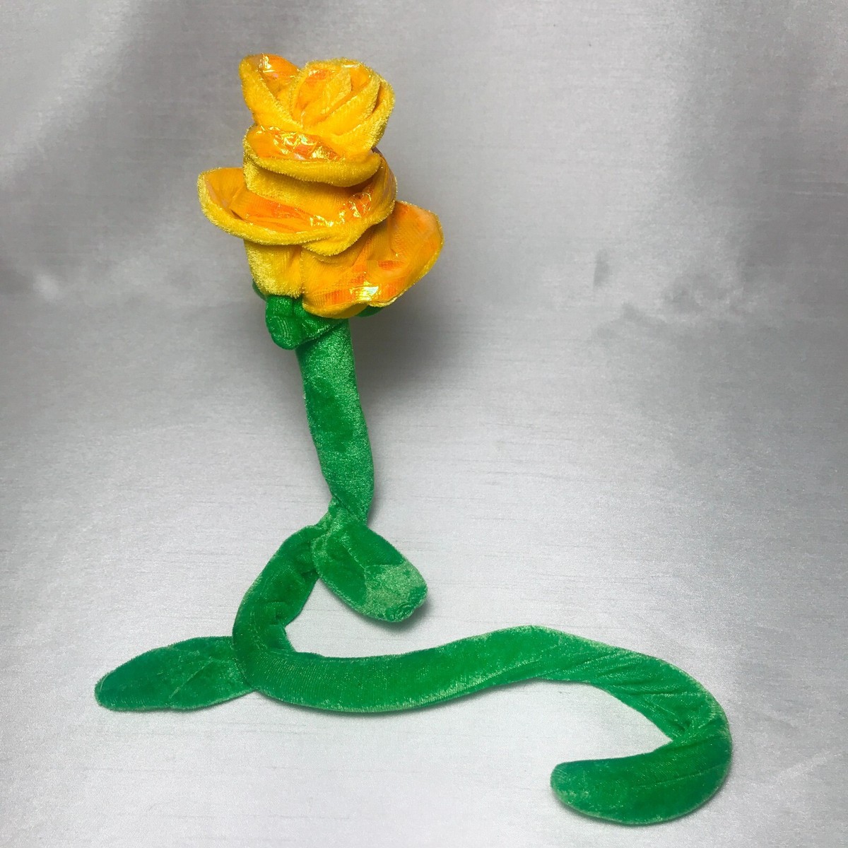 Iridescent Yellow Rose Plush Flower Toy Bendable Posable Green Stem 24 inch