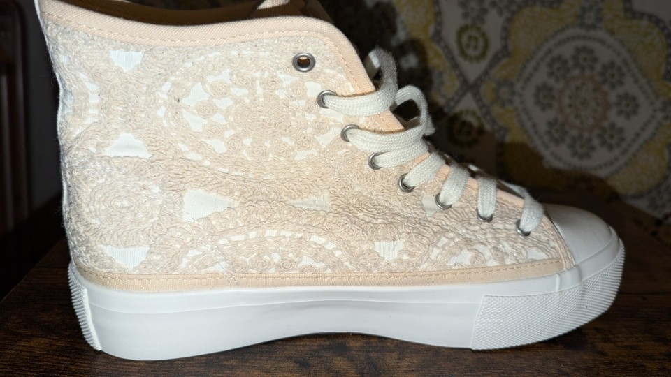 American Eagle Womens High Top Sneaker, Lace Up with Lace , Cream