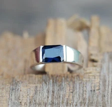 Blue Sapphire Men's Ring, 925 Sterling Silver Ring, Handmade Everyday Wear Ring