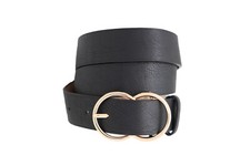 Women Black Faux Leather Night Evening Wear Belt Hip High Waist Gold Buckle S M