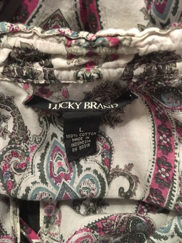 Lucky Brand L Long Sleeve Gathered Neck Boho Print Peasant Blouse Top - Picture 9 of 12