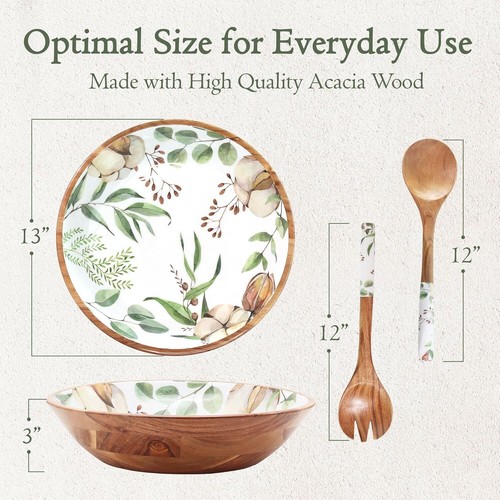 New-Large Wooden Salad Bowl Set - Premium 13-inch Acacia Wood Salad Bowl with Se - Picture 2 of 11