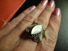 Sterling silver mother of pearl marcasite ring