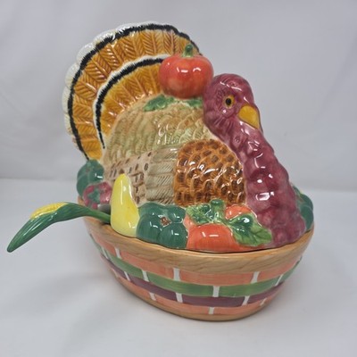 Vintage Thanksgiving TURKEY IN A VEGGIE BASKET 11x9x4 Soup Tureen/ Serving Dish 