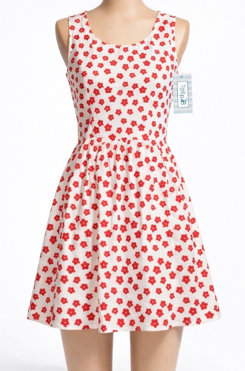 Tulip B Fit & Flare Dress Women Large White Red Floral Cotton Sleeveless  NWT | eBay