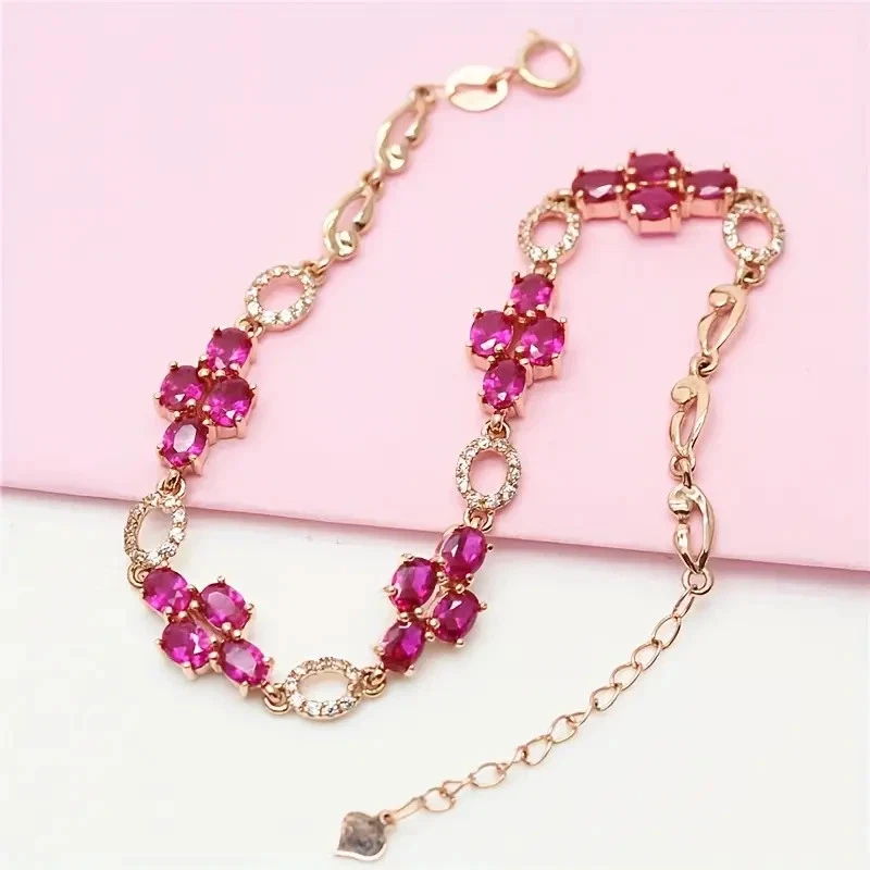 8Ctw Oval Cut Lab Created Pink Ruby Tennis Bracelet 14K Rose Gold Plated Silver - Image 3 of 4