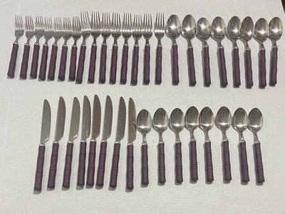 Hampton Silversmiths 39 Piece Burgundy Faux Bamboo Style Plastic Handle Flatware