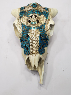 Carved Plaster Cow Skull Wall Hanging Western Cabin Lodge Decor White Teal