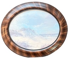 Oval Tiger Strip  Vintage Wood Frame with Ocean Print Scene Wire Mount