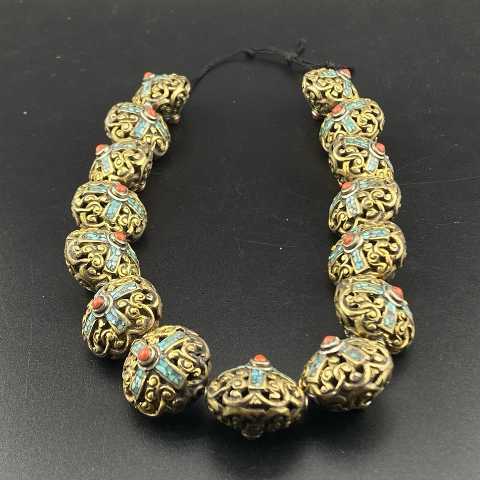 Hermoso Handmad Tradicional Turquesa Coral Único Tibetano Destacado 15 Cuentas Foto 2 de 4