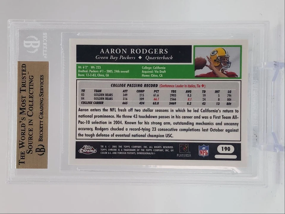AARON RODGERS 2005 TOPPS CHROME 50TH ANNIVERSARY ROOKIE RC BGS 9.5 Q0932 - Image 2 of 2