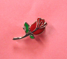 VINTAGE, RED Rose Bud, Enamel Flower Brooch Pin, Silver Toned  (429b)