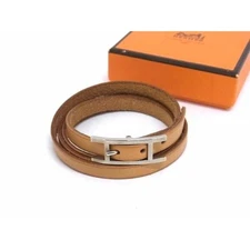 HERMES Api3 Leather Silver Metal Fittings 3 row Long Bracelet Accessory Brown