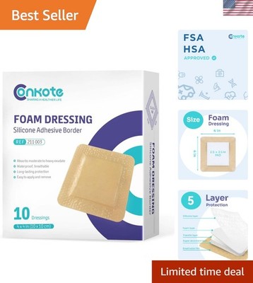 Soft Silicone Adhesive Foam Dressings 4'' X 4'' - Box of 10 Waterproof Bandages