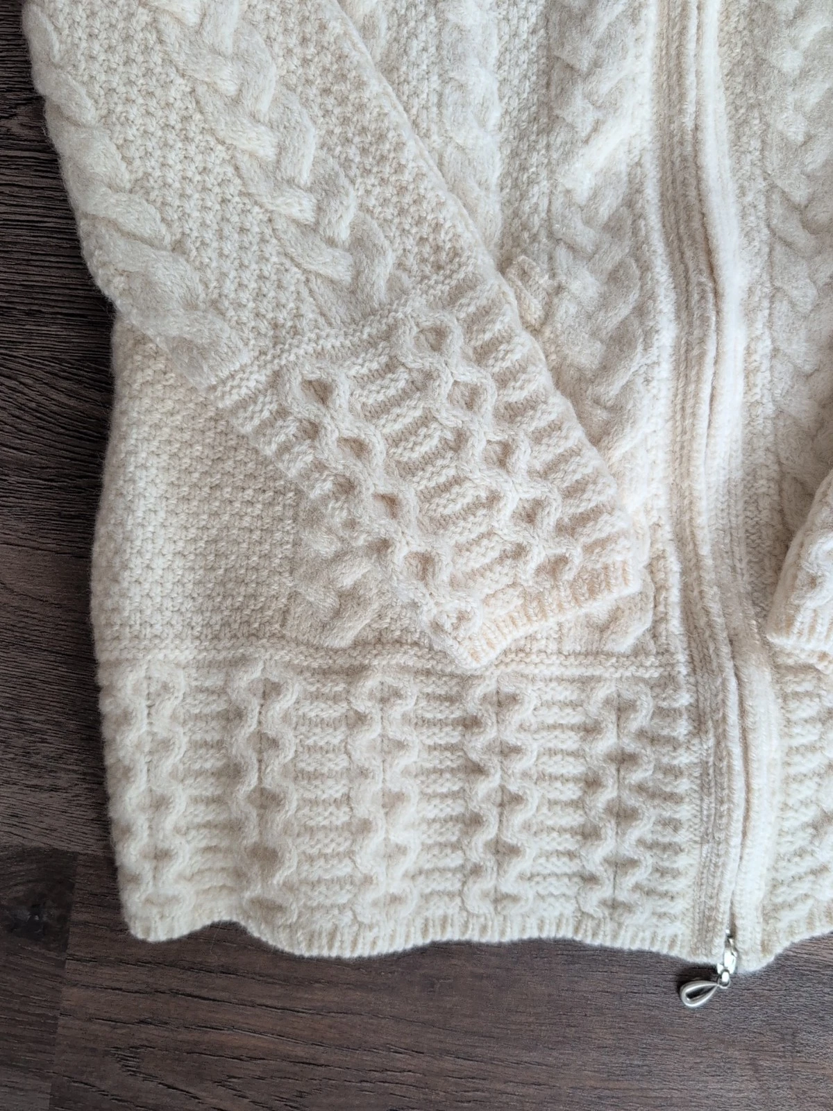 OFF WHITE Maglione Aran Crafts piccolo avorio pescatore lana merino full zip cappuccio Irlanda