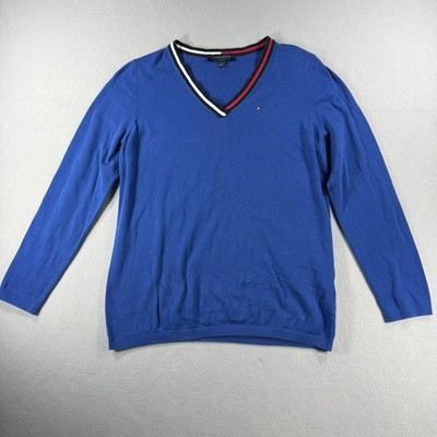 Tommy Hilfiger Women's Preppy Red V-Neck Sweater True Blue Stripe Trim XL