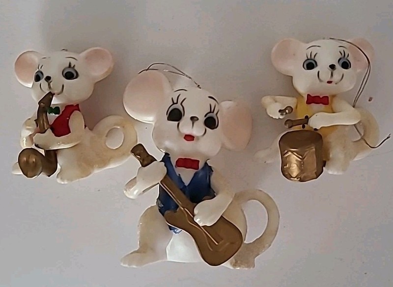 Vintage Musician Mice Figurines Plastic Mouse Music Ornaments Set Of 3