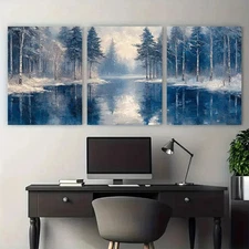 3pcs Blue & White Winter Landscape Forest  Wall Art Canvas Framed 50x70cm