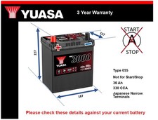 Battery fits TESLA MODEL S 5YJS 2014 on Yuasa 055 330A 36Ah 3Yr Warranty Quality