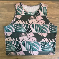 Nike Women's Medium Pink Green Dri Fit Leaf Print Athletic Crop Top Tank Top
