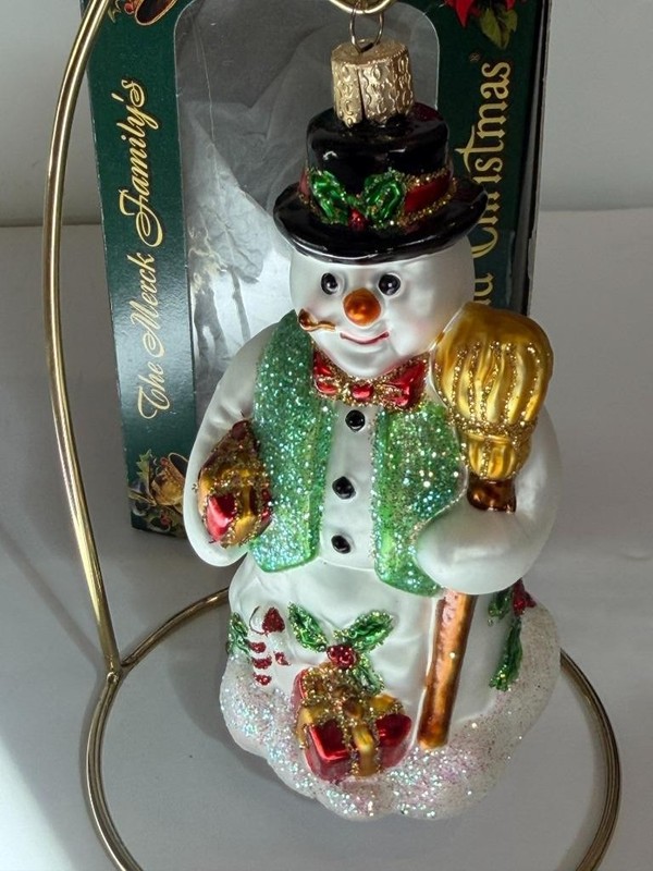 Vintage Old World Christmas Glass Snowman with Gifts Ornament Boxed