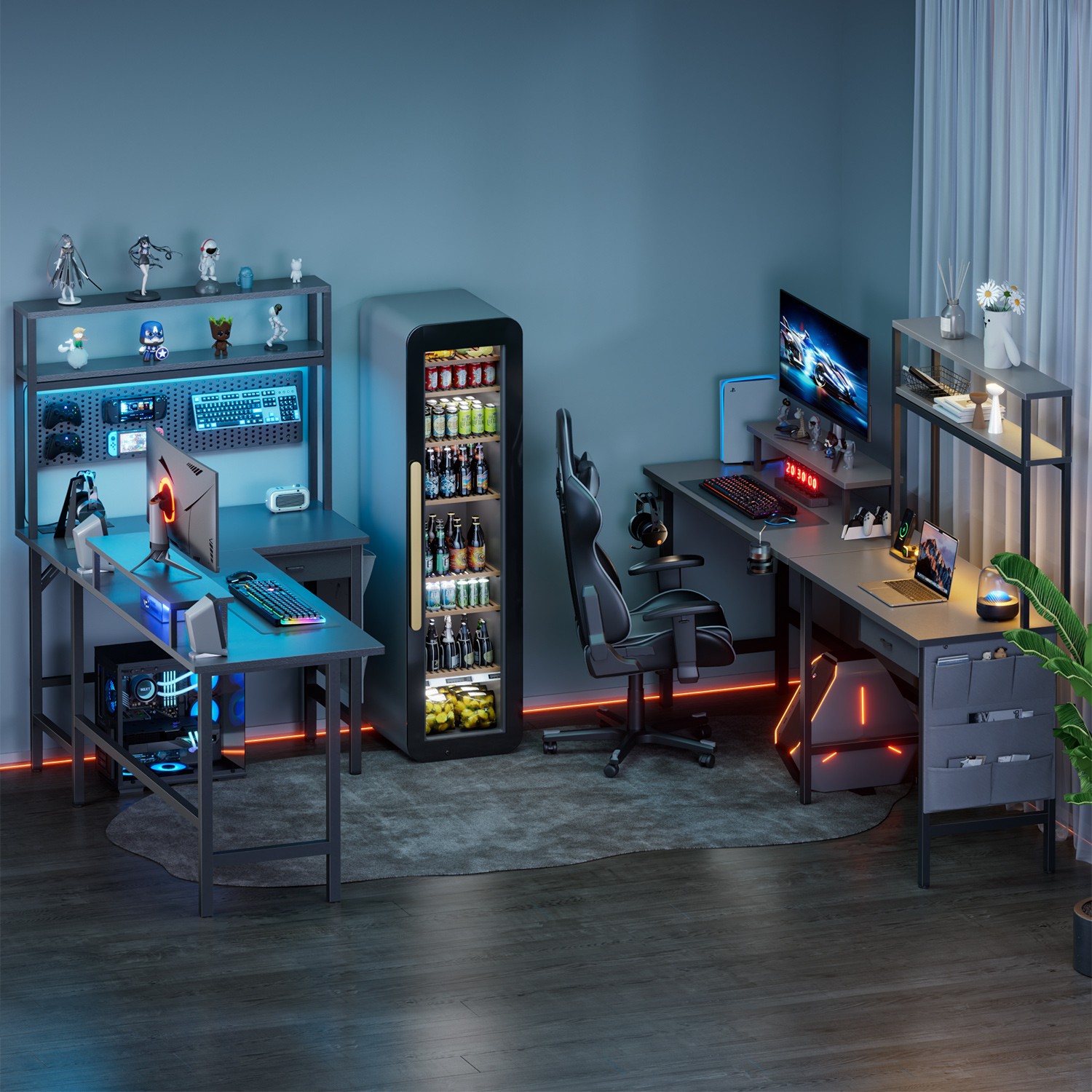 59 inch L Shaped Gaming Desk with LED light & Power Outlets, PC Desk with Drawer