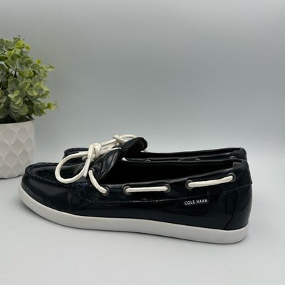 Cole Haan Women s Nantucket Camp Navy Patent Leather Slip On Boat Shoes 9