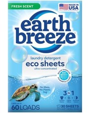 Earth Breeze Laundry Detergent Sheets Fresh Scent 30 Ct 60 Loads Travel Eco
