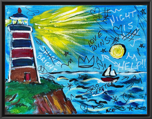 Lighthouse Basquiat Style 11x14 Original Signed Mixed Media Wall Art Painting