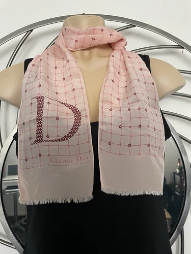 Foulard Christian Dior Paris soie crêpe de Chine rose à carreaux 13x138 cm