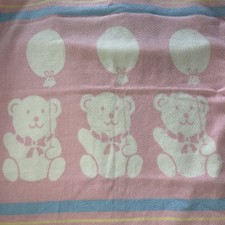 Vintage Pink Blue Teddy Bear Balloons Baby Blanket Acrylic USA Made White Stripe