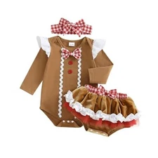Baby Girl Christmas Outfit Newborn Gingerbread Man Costumes 0-3 Months Khaki